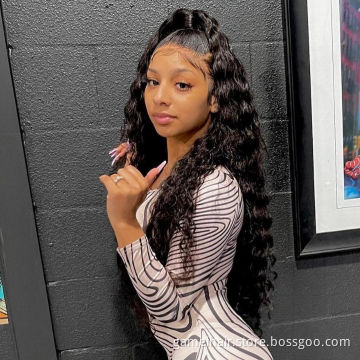 Deep Wave Closure Wig Human Hair Natural Black Color 13x4 Deep Wave Frontal Wig PrePlucked Bleached Knots For Black Women